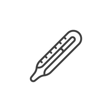 Sıcaklık termometre çizgisi simgesi. Mobil konsept ve web tasarımı için doğrusal biçim işareti. Tıbbi termometre ana hat vektör simgesi. Sembol, logo çizimi. Vektör grafikleri