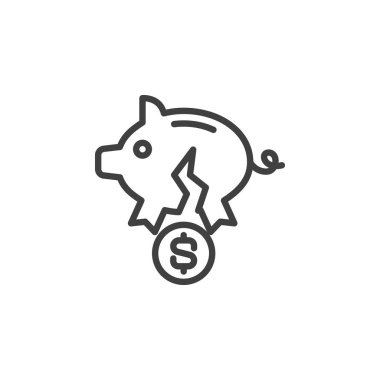 Kırık domuz kumbarası ve bozuk para hattı ikonu. Mobil konsept ve web tasarımı için doğrusal biçim işareti. Mali kriz vektör ikonunu özetliyor. Sembol, logo çizimi. Vektör grafikleri