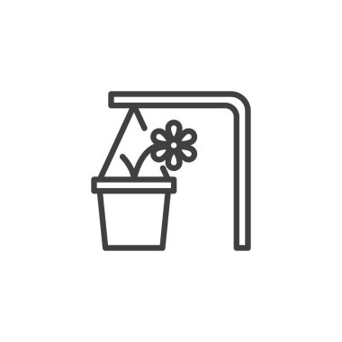 Çiçek saksı hattı ikonu asılıyor. Mobil konsept ve web tasarımı için doğrusal biçim işareti. Dekor çiçek ana hatları vektör simgesi. Sembol, logo çizimi. Vektör grafikleri