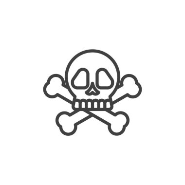 Kafatası ve çapraz kemik çizgisi ikonu. Mobil konsept ve web tasarımı için doğrusal biçim işareti. Kemik hatlı korsan kafatası vektör simgesi. Ölüm sembolü, logo illüstrasyonu. Vektör grafikleri