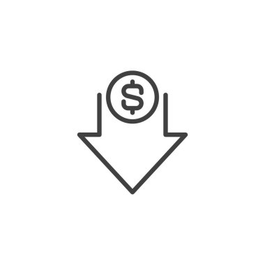 Dolar çizgisi simgesini azalt. Mobil konsept ve web tasarımı için doğrusal biçim işareti. Mali kriz vektör ikonunu özetliyor. Sembol, logo çizimi. Vektör grafikleri