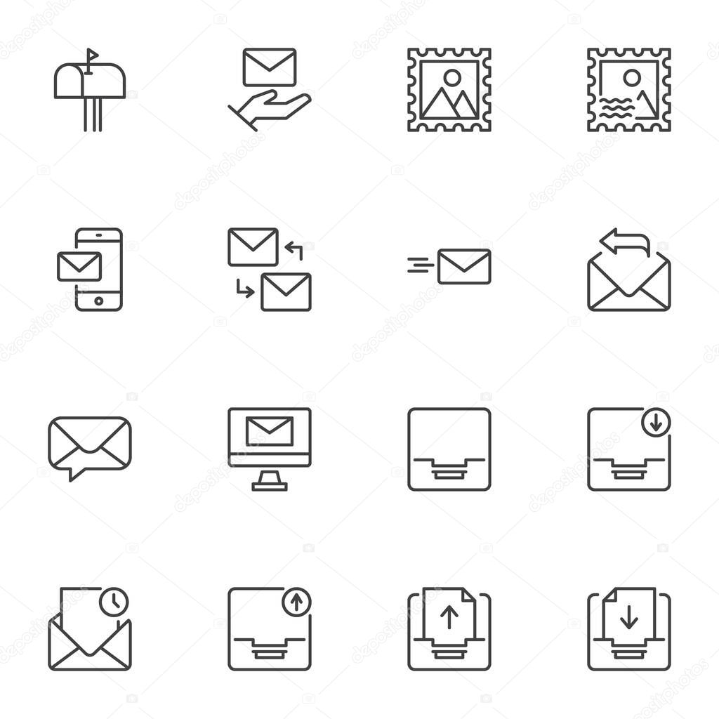 Correspondence line icons set, outline vector symbol collection, linear style pictogram pack. Signs, logo illustration. Set includes icons as email, envelope, news, mailbox, mailing, postcard, mail