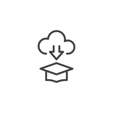 Çevrimiçi eğitim, e-öğrenme çizgisi simgesi. Mobil konsept ve web tasarımı için doğrusal biçim işareti. Mezuniyet şapkası ve bulut hesaplama ana hatlı vektör simgesi. Sembol, logo çizimi. Vektör grafikleri