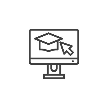Mezuniyet başlığı simgesi olan bilgisayar monitörü. Mobil konsept ve web tasarımı için doğrusal biçim işareti. Çevrimiçi öğrenme, e-öğrenme vektör ikonu. Sembol, logo çizimi. Vektör grafikleri
