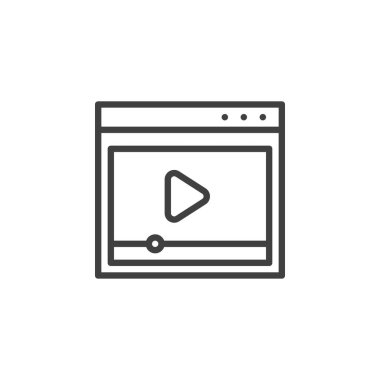 Web ortam oynatıcı satırı simgesi. Mobil konsept ve web tasarımı için doğrusal biçim işareti. Çevrimiçi Video Oynatıcı ana hatları vektör simgesi. Sembol, logo çizimi. Vektör grafikleri