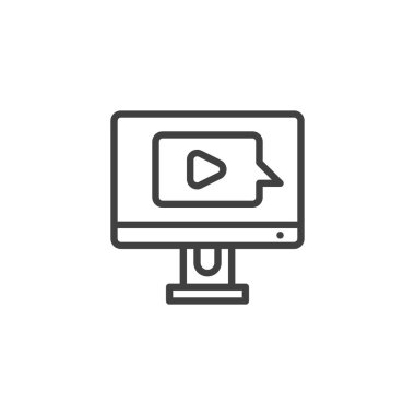 E-öğrenme, medya mesaj hattı simgesi. Mobil konsept ve web tasarımı için doğrusal biçim işareti. Görüntülü arama düğmesi ana hatlı vektör simgesi. Sembol, logo çizimi. Vektör grafikleri