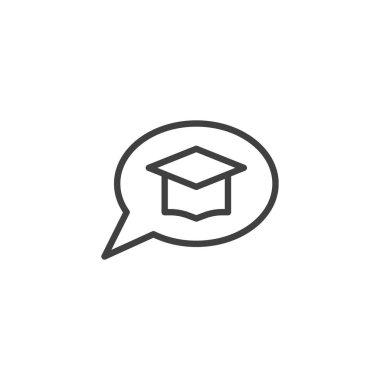Mezuniyet şapkası simgesi olan konuşma balonu. Mobil konsept ve web tasarımı için doğrusal biçim işareti. E-öğrenme sohbet mesajı ana hatları vektör simgesi. Sembol, logo çizimi. Vektör grafikleri