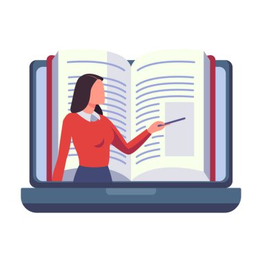 Dizüstü bilgisayarda online öğretmen. Renkli düz tasarım vektör çizimi. E-öğrenim, Uzaklık Eğitimi. 