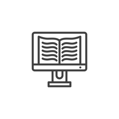 Çevrimiçi kitap okuma simgesi. Mobil konsept ve web tasarımı için doğrusal biçim işareti. E-kitap ana hat vektör simgesi ile bilgisayar görüntüsü. E-öğrenme sembolü, logo çizimi. Vektör grafikleri