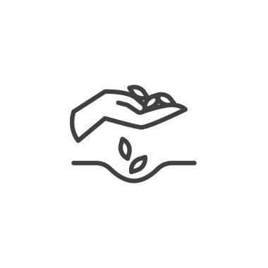 El ve tohum çizgisi simgesi. Mobil konsept ve web tasarımı için doğrusal biçim işareti. Tohumları toprak çizgisi vektör simgesine ekiyorum. Sembol, logo çizimi. Vektör grafikleri