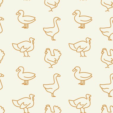 Evcil kümes hayvanı ikonu deseni. Çiftlik kuşları, kümes hayvanları, kusursuz bir geçmişi var. Kusursuz desen vektör çizimi
