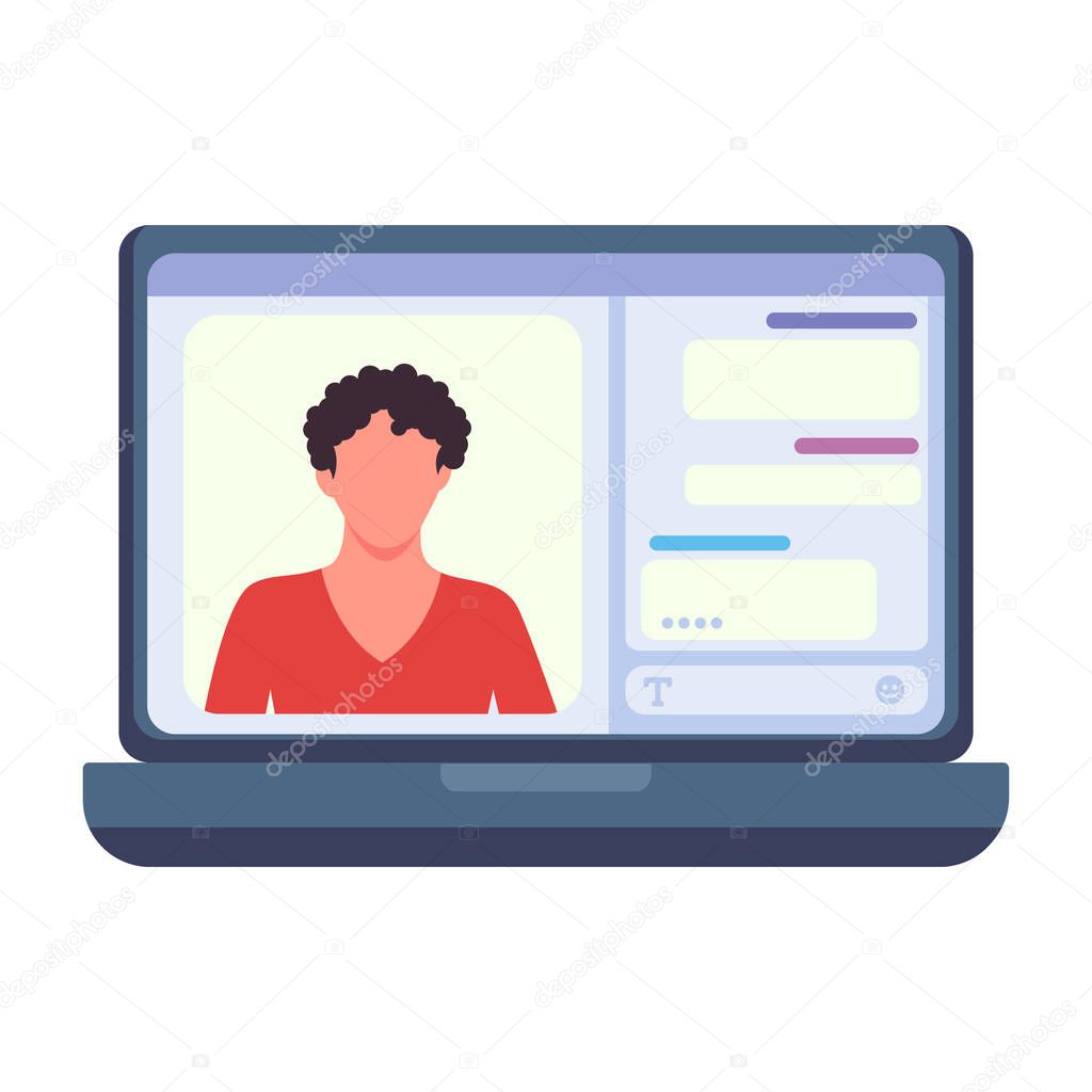 E-learning, online education at home with laptop computer. Colorful flat design vector illustration. Freelancer Video Chat Conference