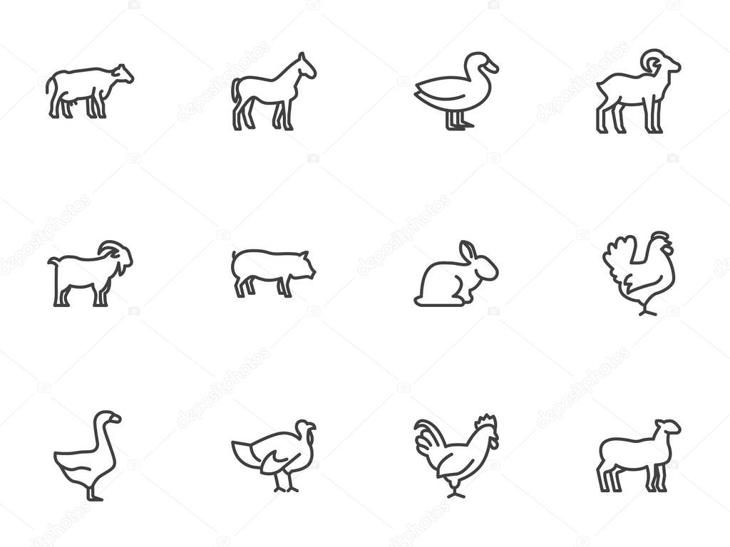 Farm animals line icons set. linear style symbols collection, animals side view outline signs pack. vector graphics. Set includes icons - cow, pig, sheep, goat, rooster, chicken, turkey, rabbit, goose