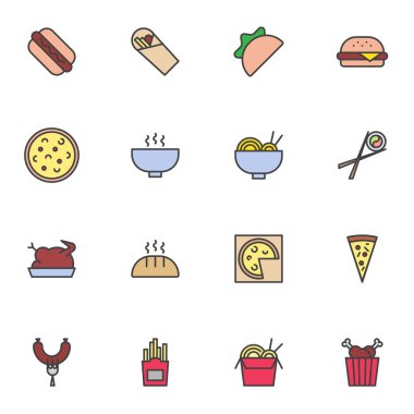 Fast food menüsü ana hatları doldurulmuş ikonlar, çizgi vektör sembolü koleksiyonu, abur cubur lineer renkli piktogram paketi. Tabelalar, logo çizimleri, sosisli sandviç, tako, hamburger, suşi rulosu gibi simgeler.