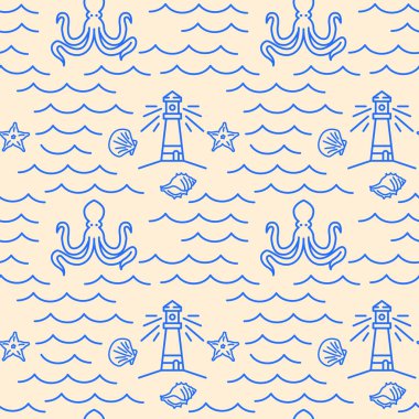 Deniz yaşamı ikonları deseni. Okyanus dikişsiz arka plan. Kusursuz desen vektör çizimi