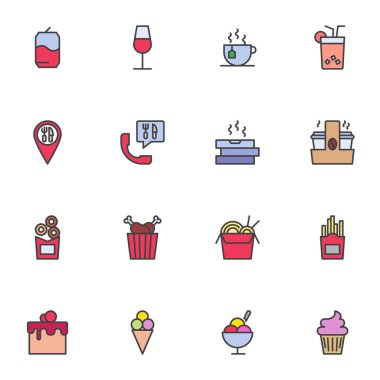 Yiyecek ve içecekler ana hatları doldurulmuş ikonlar, çizgi vektör koleksiyonu, restoran yemekleri lineer renkli piktogram paketi. İşaretler, logo illüstrasyonu, sette kahve, soda, dondurma, kek gibi simgeler yer alır.