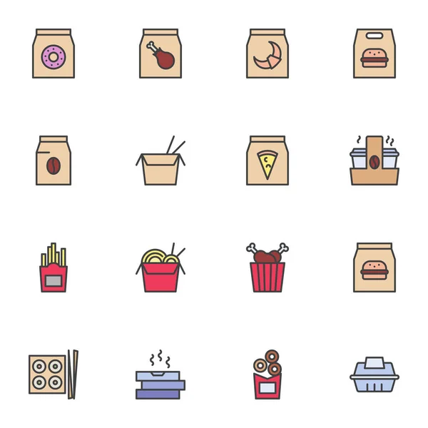速食填充轮廓图标集 行向量符号集 取走食物线性彩色象形文字包 套装包括汉堡包 面条等图标 — 图库矢量图片