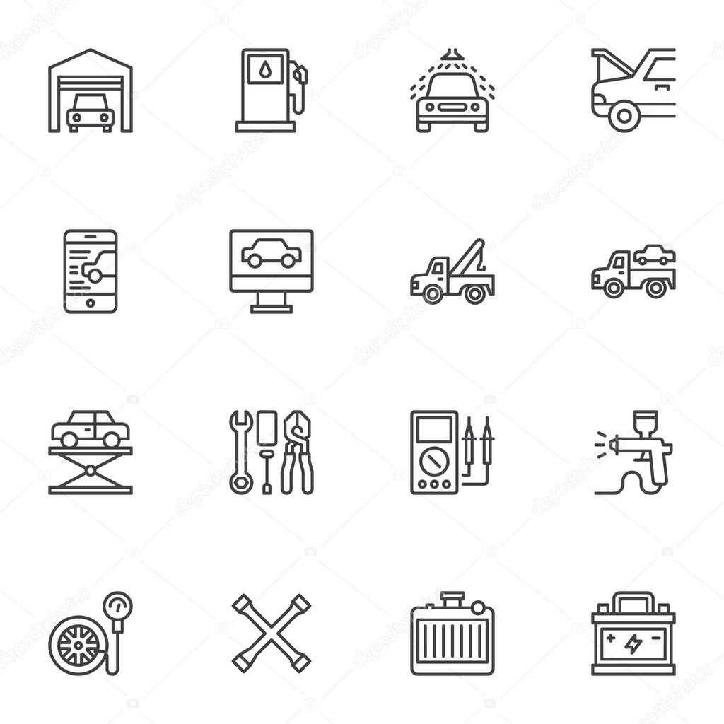 Car repair service line icons set, outline vector symbol collection, automotive repair linear style pictogram pack. Signs, logo illustration. Set includes icons as car computer diagnostics, garage