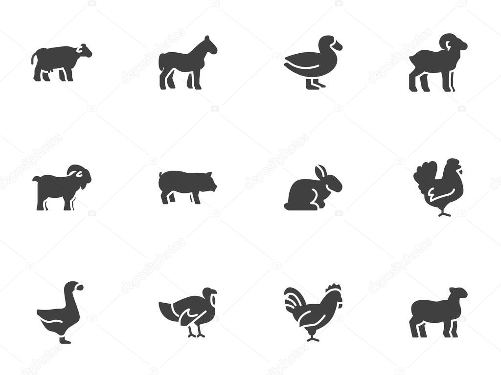 Farm animals vector icons set, modern solid symbol collection, filled style pictogram pack. Signs, logo illustration. Set includes icons as cow, pig, sheep, goat, rooster, chicken, turkey, rabbit, hen