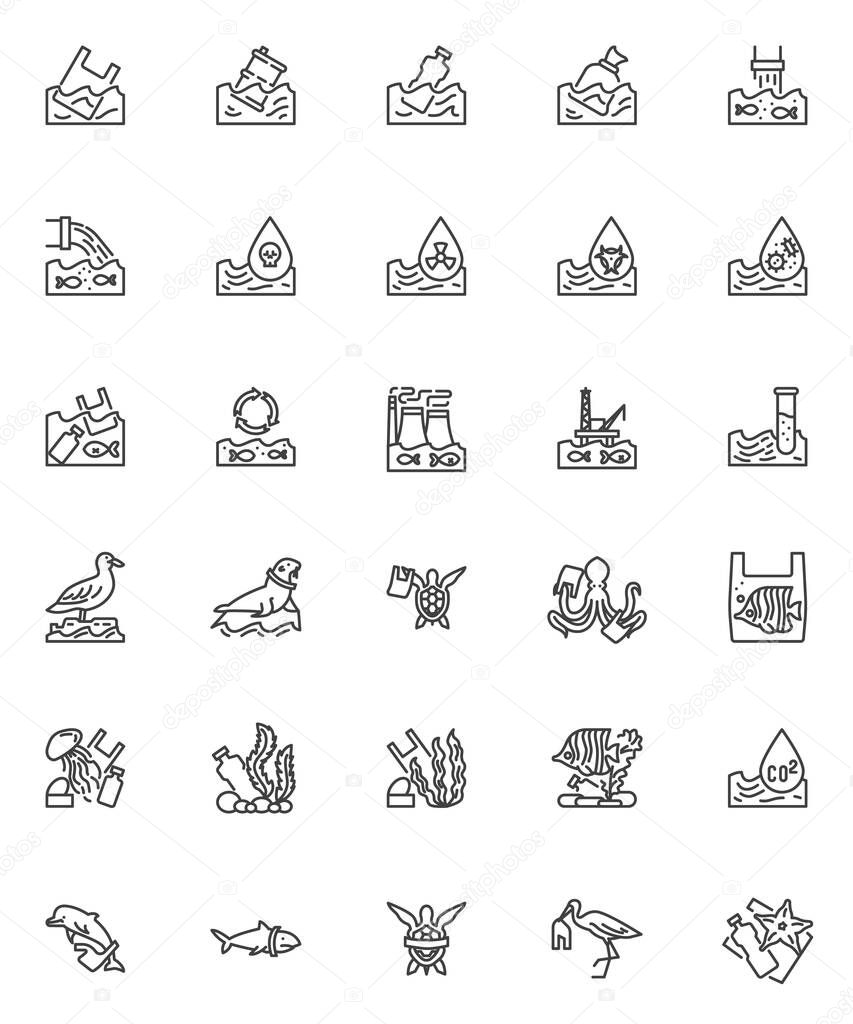 Water pollution line icons set
