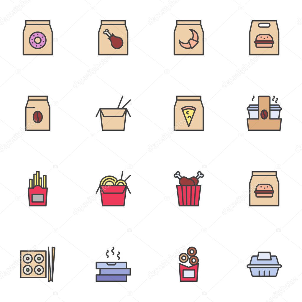 Fast food filled outline icons set, line vector symbol collection, take away food linear colorful pictogram pack. Signs, logo illustration, Set includes icons as hamburger pack, pizza, coffee, noodles