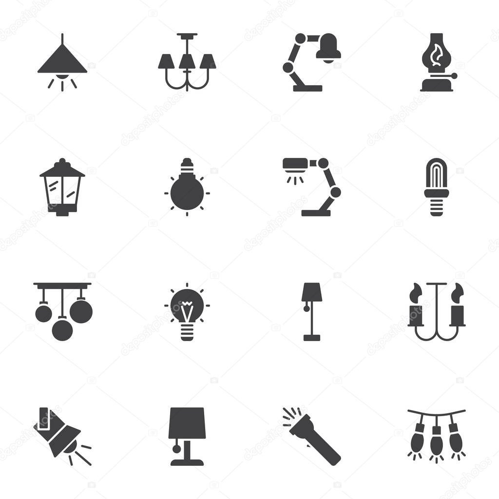 Electric light bulb vector icons set, modern solid symbol collection, filled style pictogram pack. Signs, logo illustration. Set includes icons as ceiling chandelier, desk lamp, lantern, flashlight