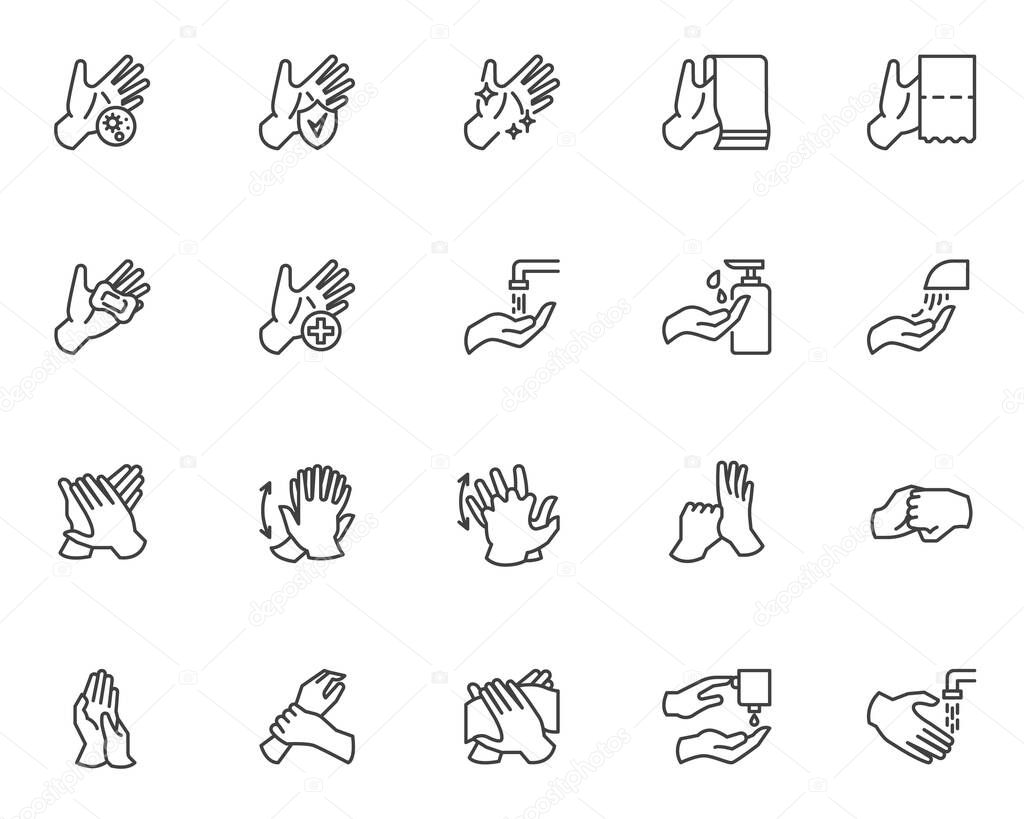 Hands washing line icons set