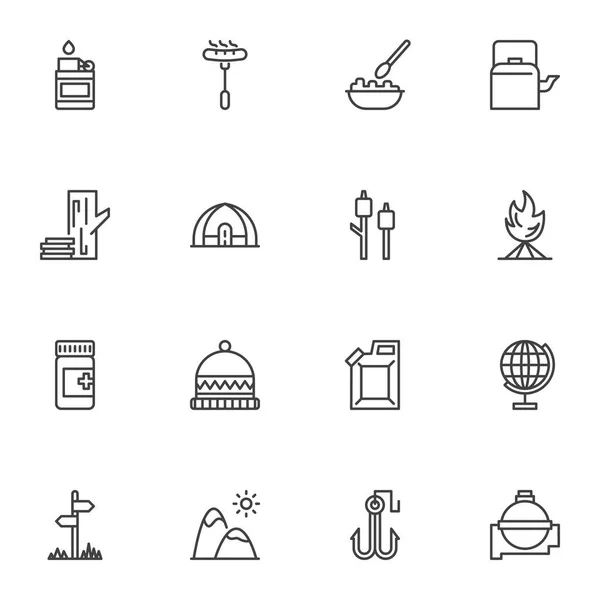 Vacaciones de camping, conjunto de iconos de línea — Vector de stock