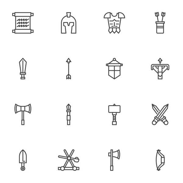 Conjunto de iconos de línea caballero medieval — Vector de stock