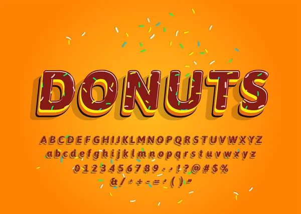 Donuts dibujado a mano alfabeto decorativo con la cubierta de color. Caricatura dulces letras y números. Vector — Archivo Imágenes Vectoriales