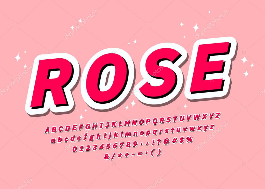 Pink font with highlight and shadow cool sticker alphabet pop 3d youth typography font effect Vector illustration