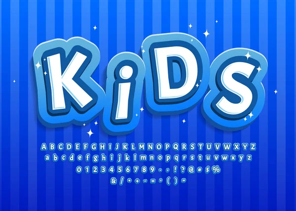 Cartoon kid alphabet blue for decoration design. . Lettering typography. Text font. Numbers, symbols. Vector — Stock Vector