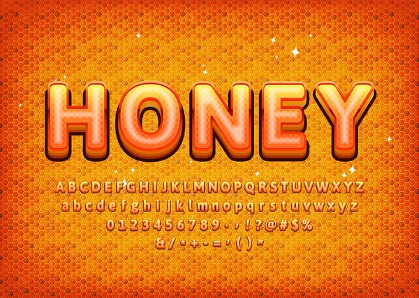 Sweet Honey Alphabet mit realistischem Muster. Zahlen, 3D-Buchstaben, Symbole. Vektorillustration. — Stockvektor