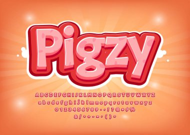 Funny game logo or menu. 3d Pig font, comic style title, text effect, vector pink alphabet. Numbers, symbols