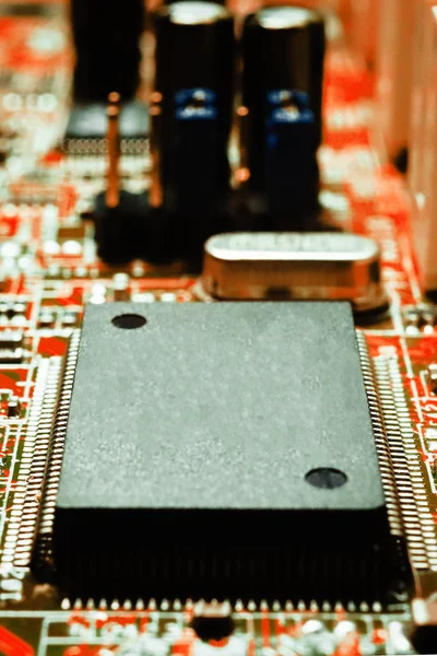 关闭中央计算机处理器CPU空白微晶片的复制空间视图.主板背景电路 — 图库照片