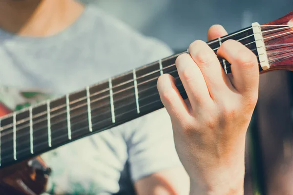 Close Young Man Sitting Bench Park Playing Guitar Young Attractive — Stock Photo, Image