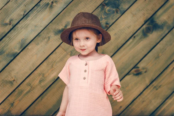 Portrait Happy Cute Little Girl Rural Style Brown Hat Muslin — Stock Photo, Image