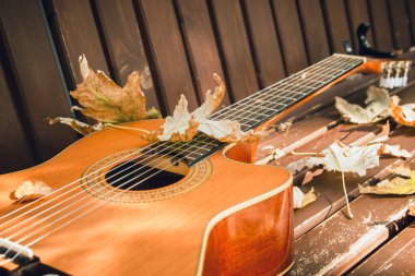 Akustik klasik gitarın ahşap arka planda sonbahar akçaağaç yaprağıyla yakın plan görüntüsü. Sonbahar canlı konser konsepti.