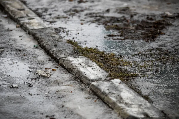 Spring, snow melting. Dirty, wet and slippery pedestrian walkways and city roads