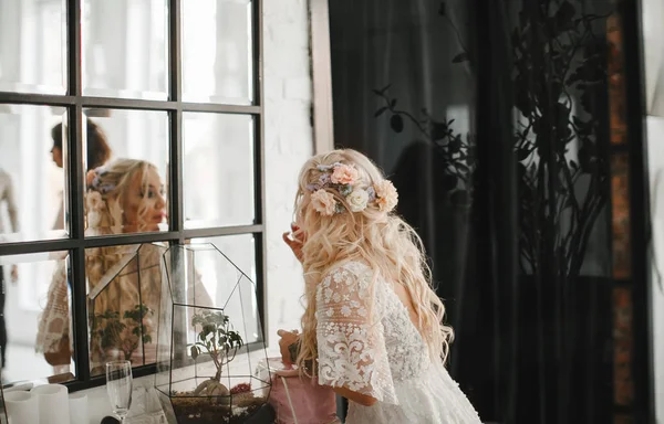 Tender Blonde Bride Posing Wedding Morning — Stock Photo, Image