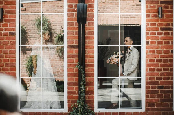 Stylish Bride Groom Love Wedding Day Gently Looking Each Other — Stock Photo, Image