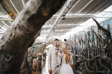 Şık gelin ve damat düğün günlerinde birbirlerine nazikçe bakıyorlar ve sarılıyorlar.