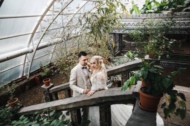 Şık gelin ve damat düğün günlerinde birbirlerine nazikçe bakıyorlar ve sarılıyorlar.