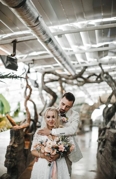 Şık gelin ve damat düğün günlerinde birbirlerine nazikçe bakıyorlar ve sarılıyorlar.