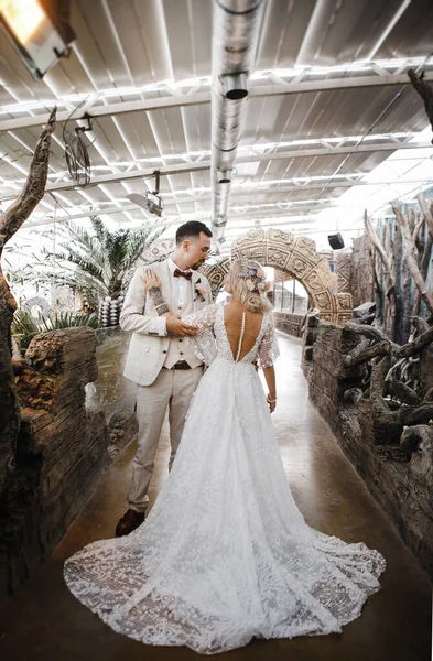 Şık gelin ve damat düğün günlerinde birbirlerine nazikçe bakıyorlar ve sarılıyorlar.