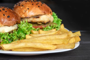 tasty appetizing burgers on a white terrel with fries on a gray background