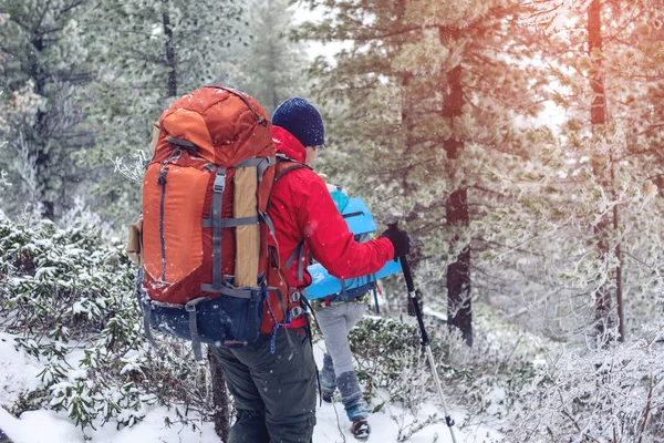 Winter landscape. Tourist in red jacket goes on the hill — Stock Photo, Image