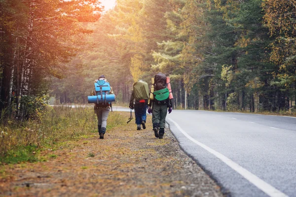 Grupo de amigos caminhando com mochilas ao pôr do sol de volta . — Fotografia de Stock