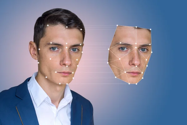 Verificação biométrica homem reconhecimento facial — Fotografia de Stock