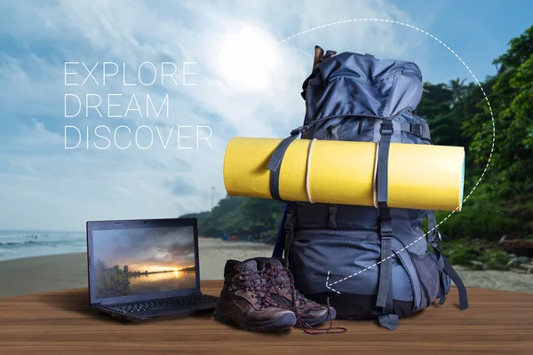 Backpack, trekking shoes, notebook, traveler equipment — Stock Photo, Image